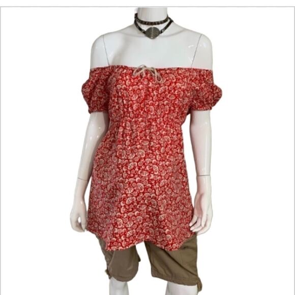 ‎Motherhood Maternity red/tan floral Cottagecore on/off shoulder top - M - Picture 2 of 9